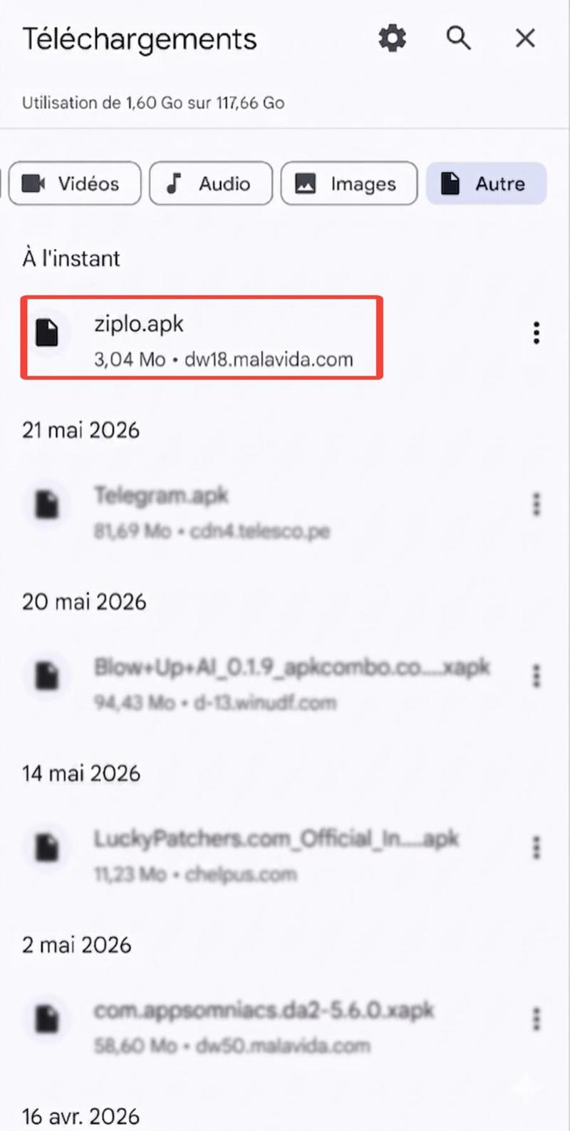 Étape 2 — Fichier ziplo.apk dans les téléchargements